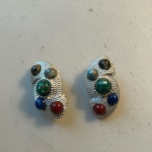 Sarah Coventry silver tone clip on earrings with colorful cabochons